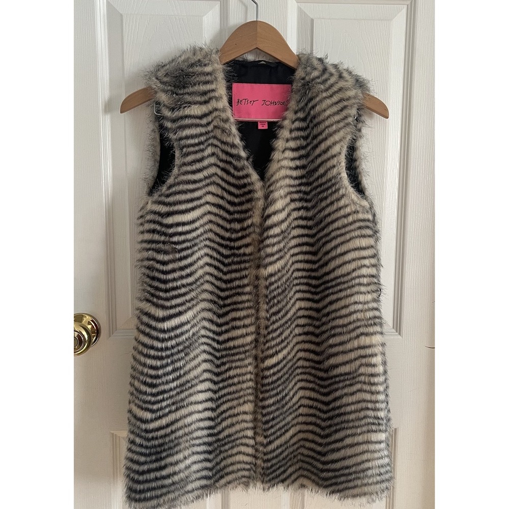 Betsey Johnson Zebra Faux Fur Vest XS Longline Animal Print Snap Closures Y2K‎